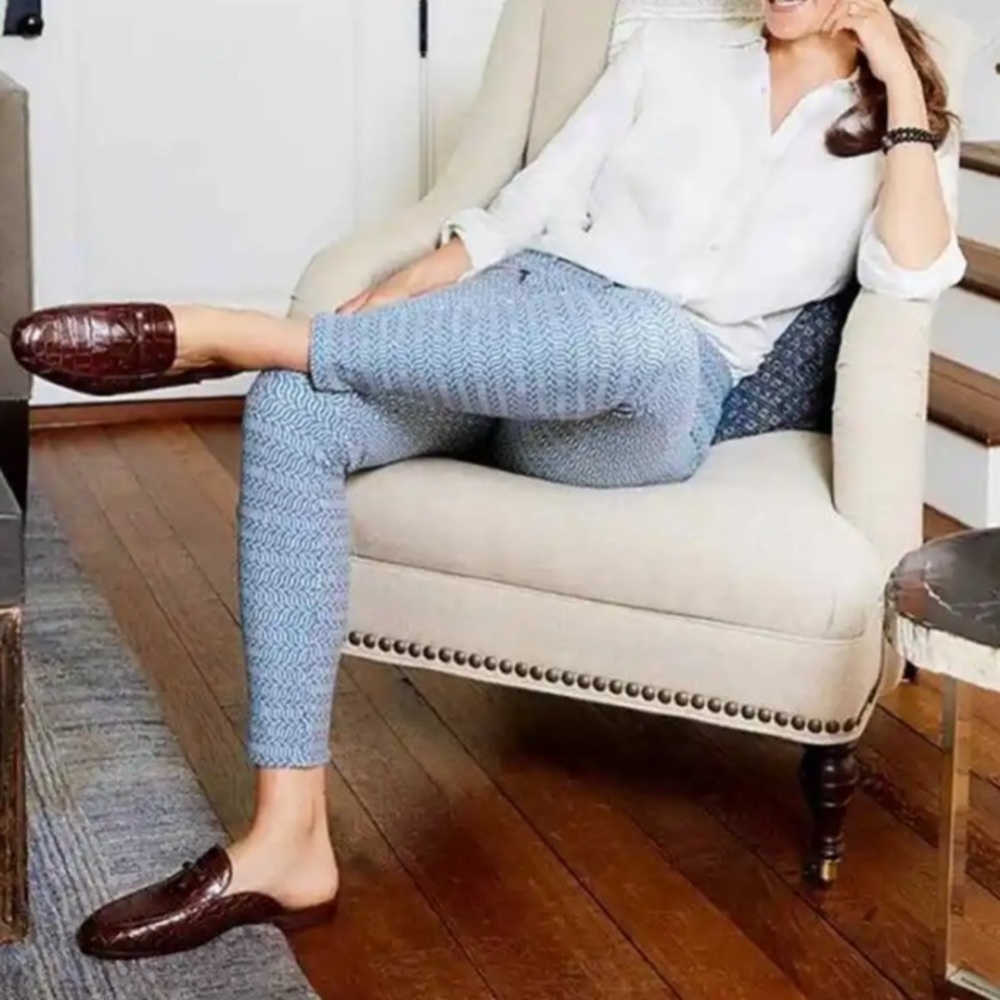 J McLaughlin Baxter Skinny Pants Navy Sand Aegean Print Resort 0 Preppy Chic